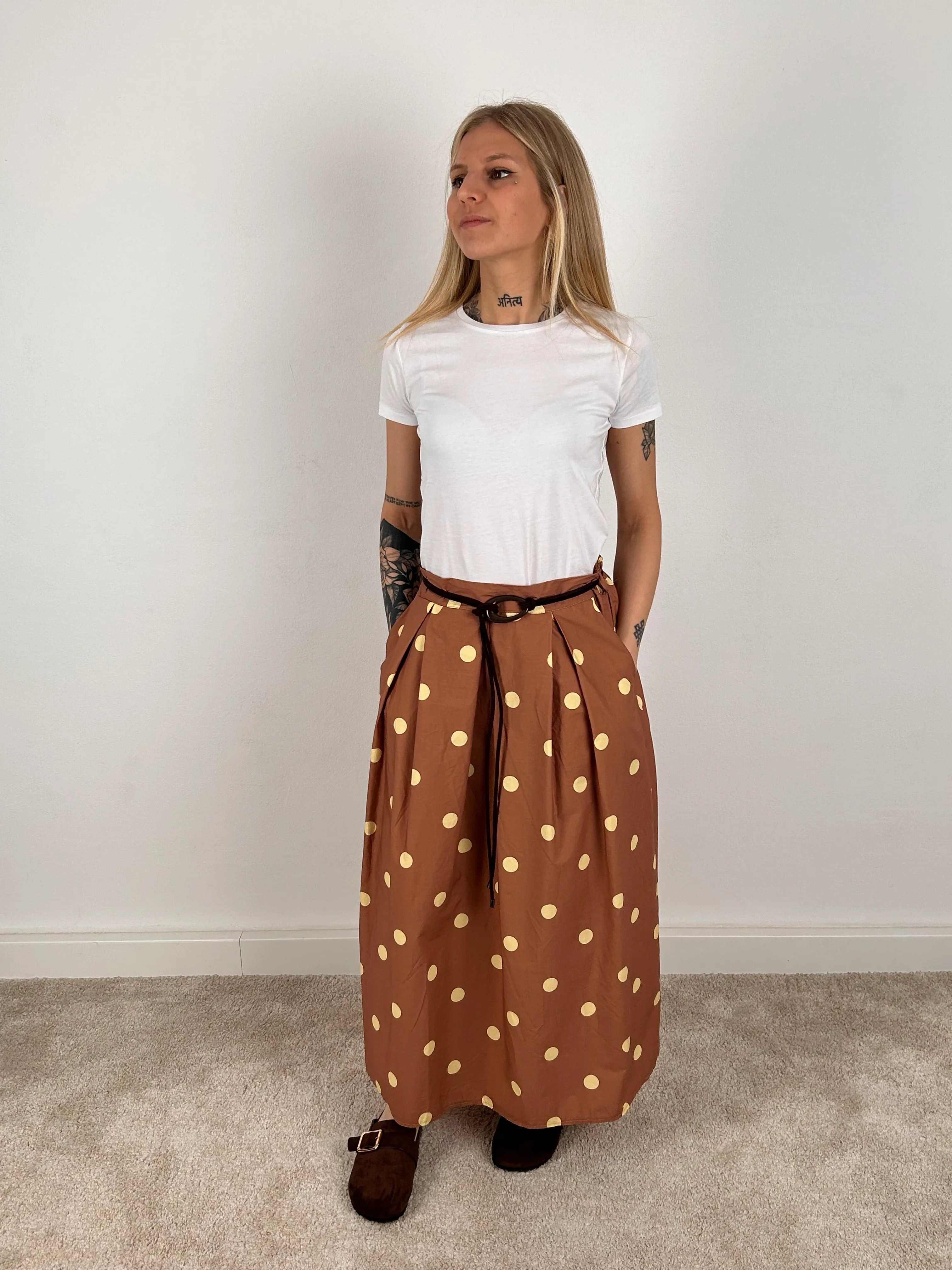 Gonna lunga donna pois cotone vista frontale