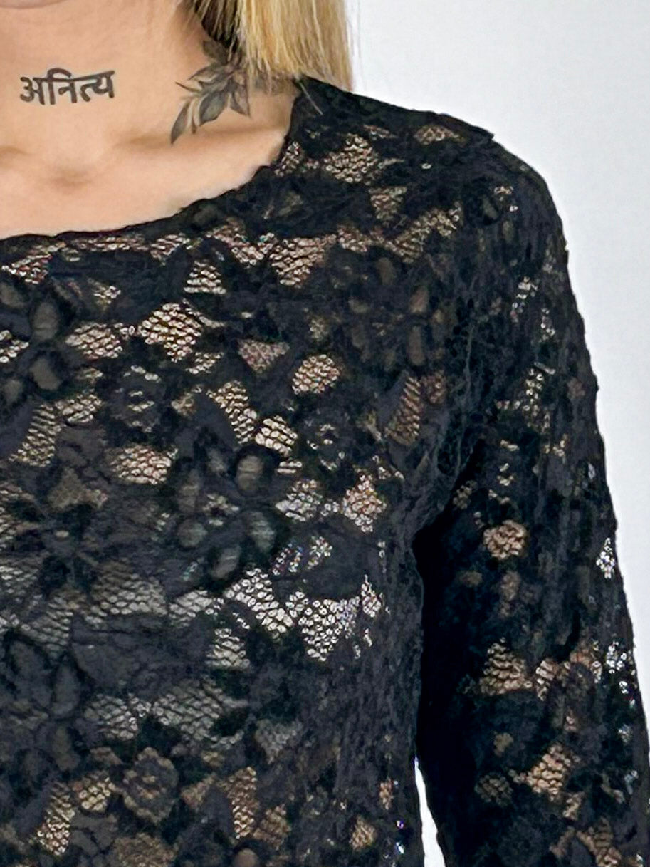 Maglia donna in pizzo floreale con scollo rotondo e manica lunga nero - vista dettaglio