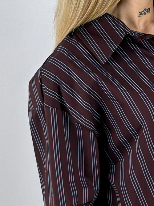 Camicia Stripe marrone a righe dettaglio tessuto e colletto