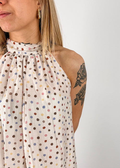Abito Pois lungo da donna foderato con allacciatura dietro al collo. dettaglio tessuto