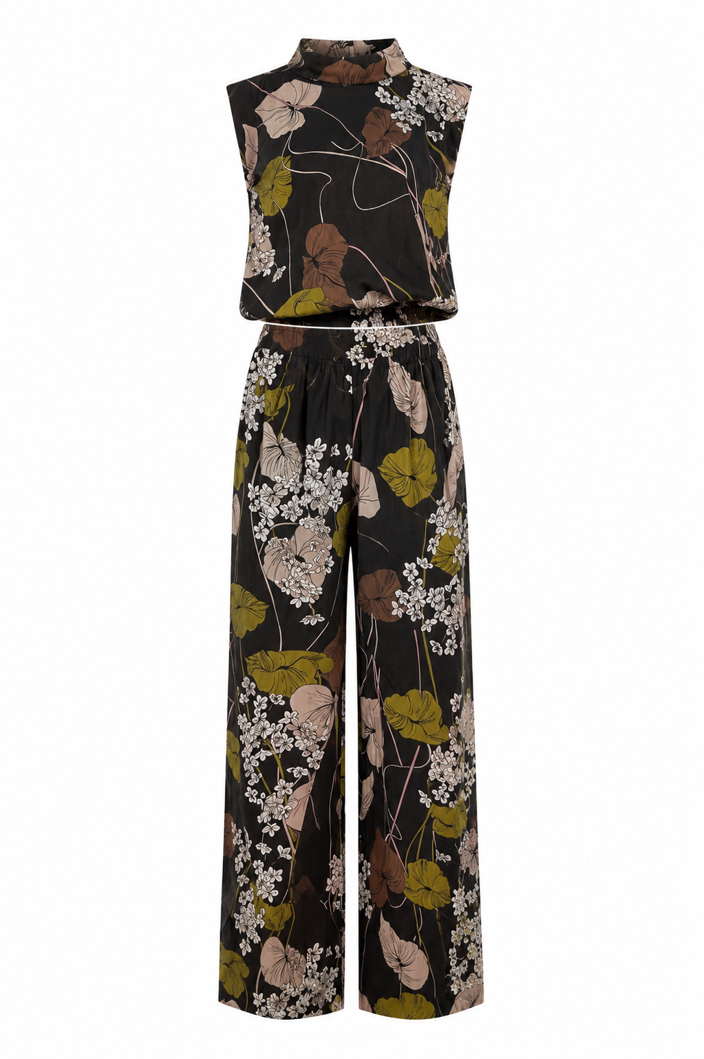 Completo Flora da donna con top smanicato e pantalone morbido a fantasia floreale. immagine gost