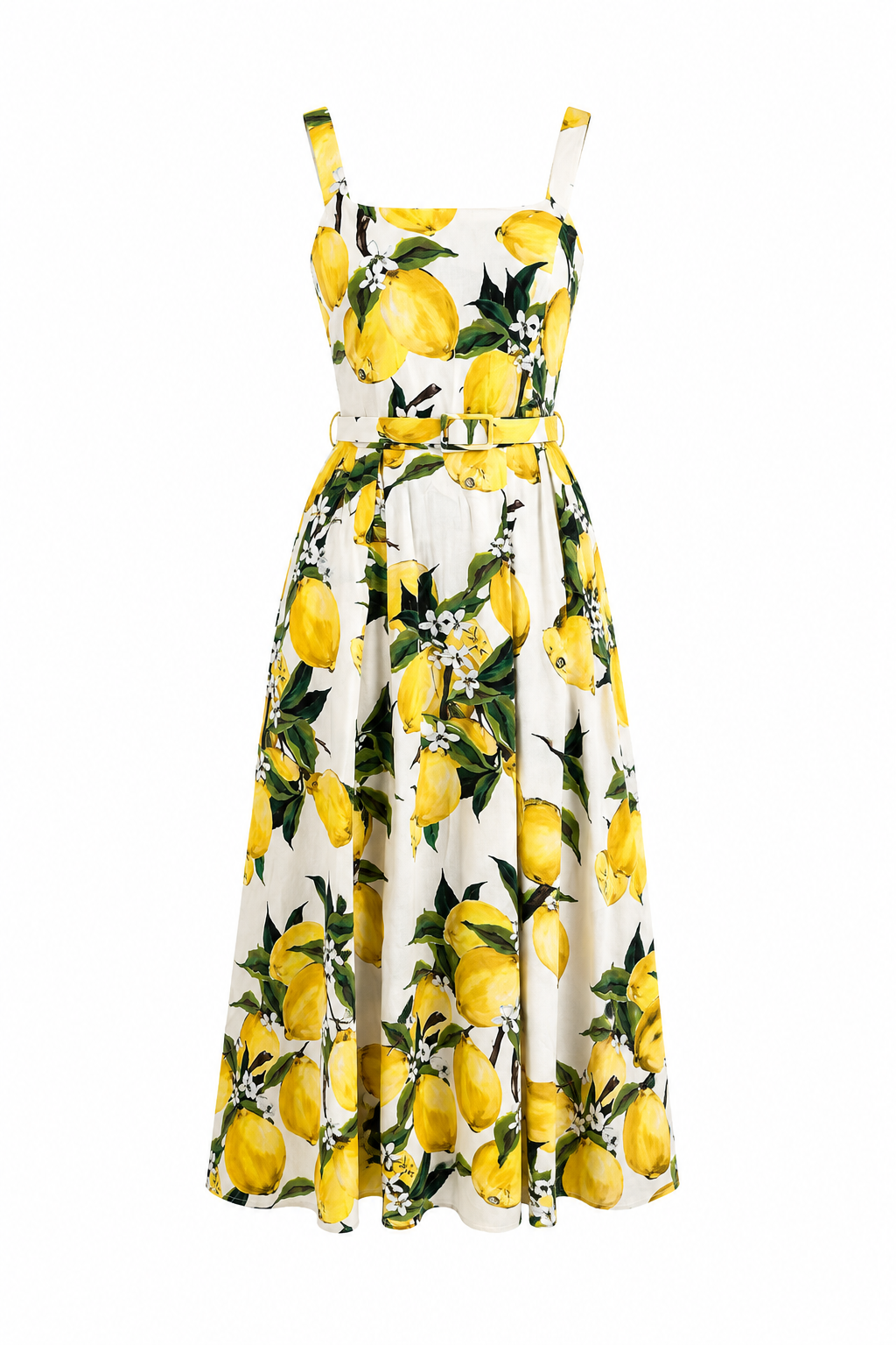 Abito Sorrento giallo lungo da donna in cotone con cintura coordinata e stampa limoni.. immagine gost