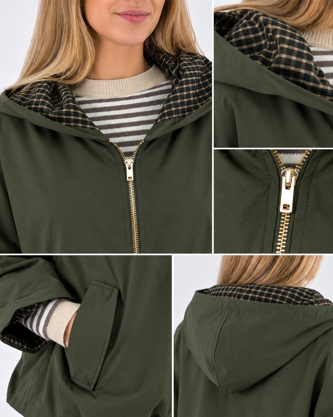 Giubbino donna ampio con cappuccio, zip frontale e retro più lungo verde militare - vista dettaglio