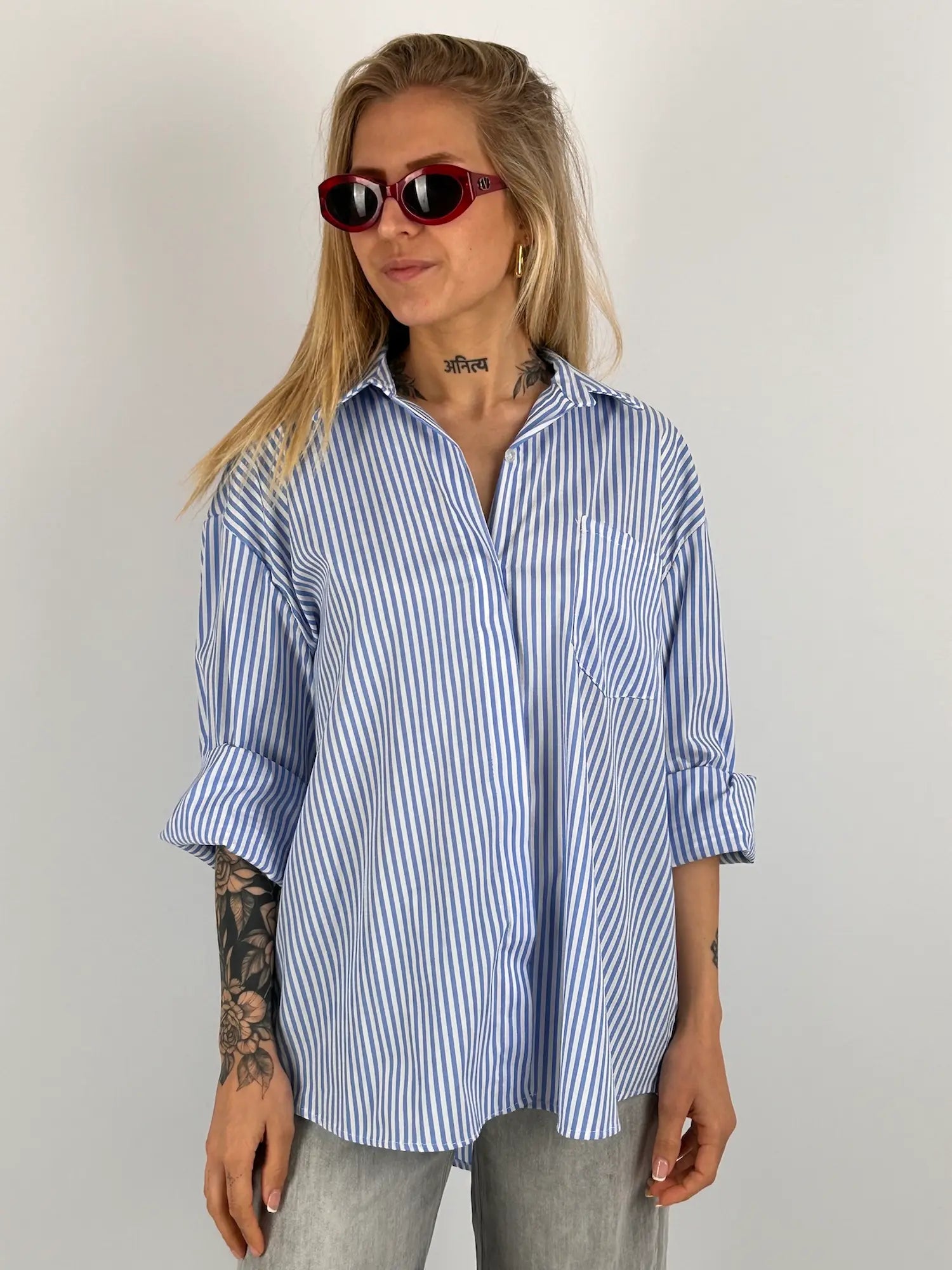 camcicia con scritta bonjour san barth donna azzurro vista frontale