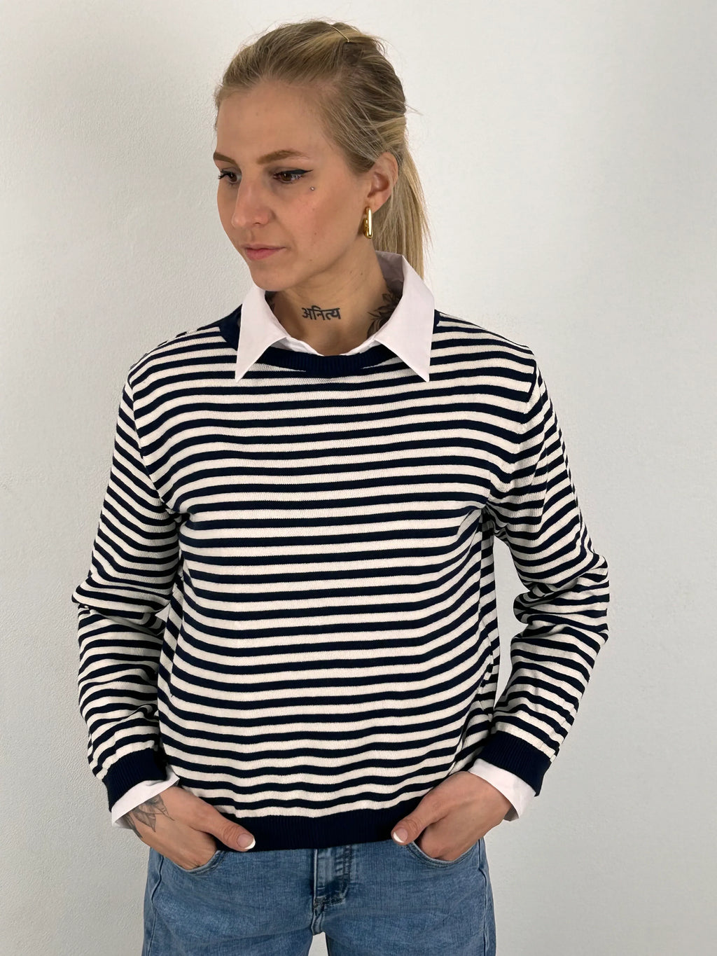 Maglione cotone a righe donna vista frontale