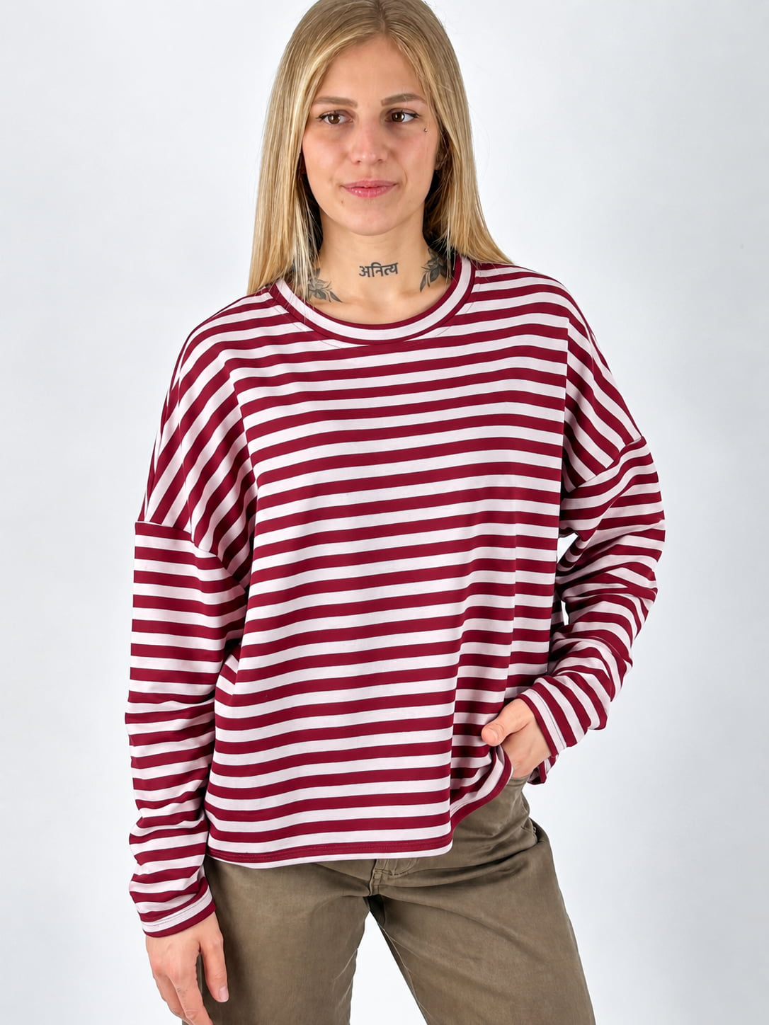 Maglia donna a righe burgundy  - vista frontale