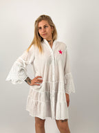 Abito chemisier donna con balze e maniche ricamate. vista frontale