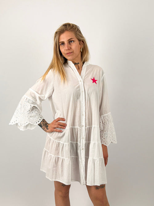 Abito chemisier donna con balze e maniche ricamate. vista frontale