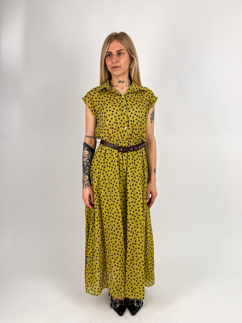 Abito Pois lungo verde da donna con cintura coordinata e fantasia pois - vista frontale