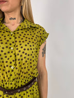 Abito Pois lungo verde da donna con cintura coordinata e fantasia pois - dettaglio tessuto