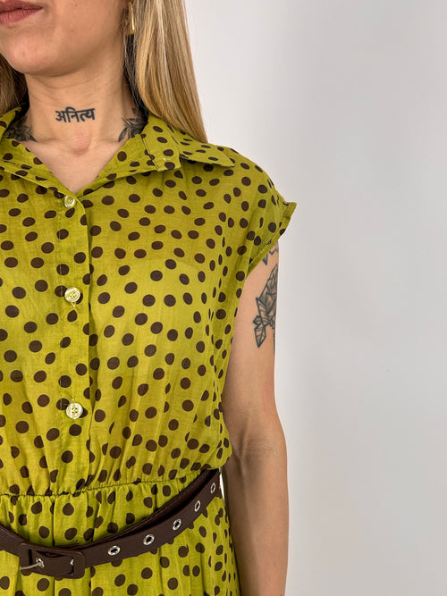Abito Pois lungo verde da donna con cintura coordinata e fantasia pois - dettaglio tessuto