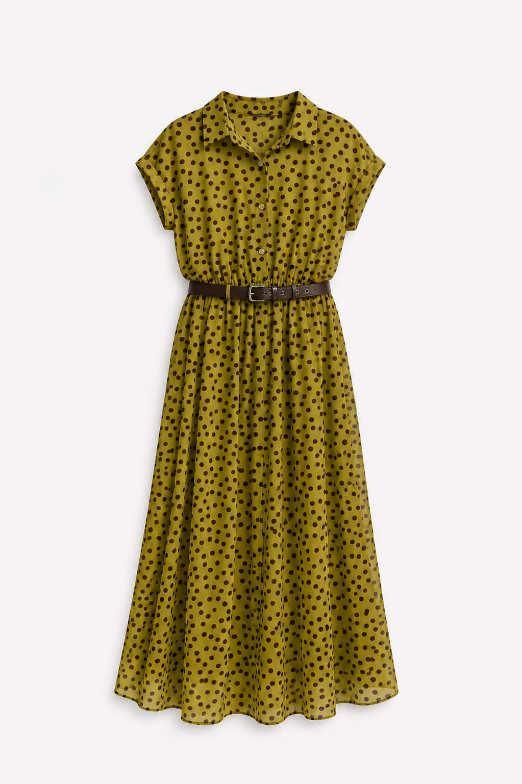 Abito Pois lungo verde da donna con cintura coordinata e fantasia pois - immagine gost