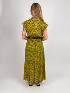 Abito Pois lungo verde da donna con cintura coordinata e fantasia pois - vista retro