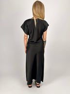 Abito lungo nero satinato donna elegante con linea aderente - vista retro