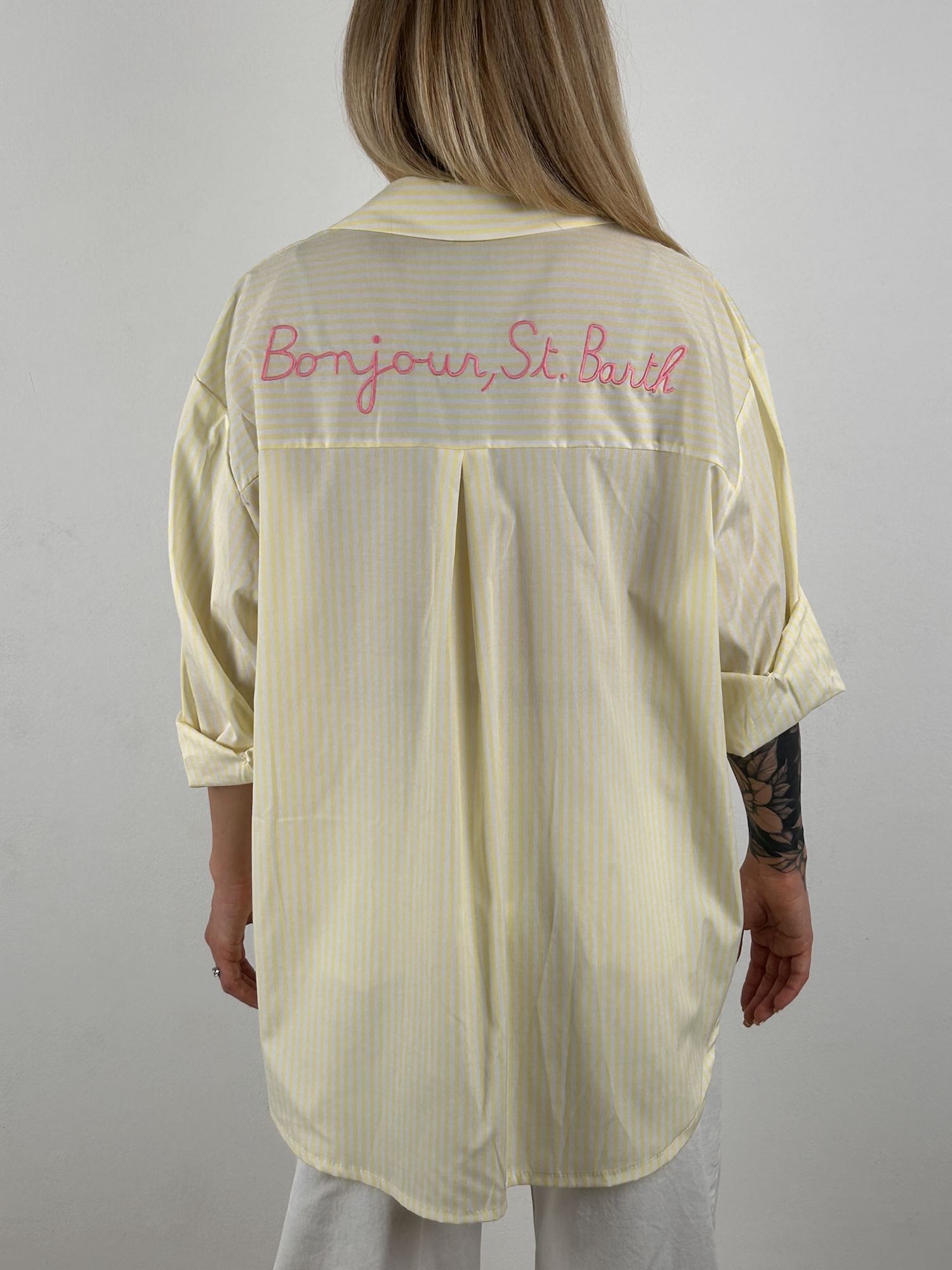  Camicia a righe Bonjour St. Barth giallo  – camicia donna estiva con stampa righe, stile resort chic.retro