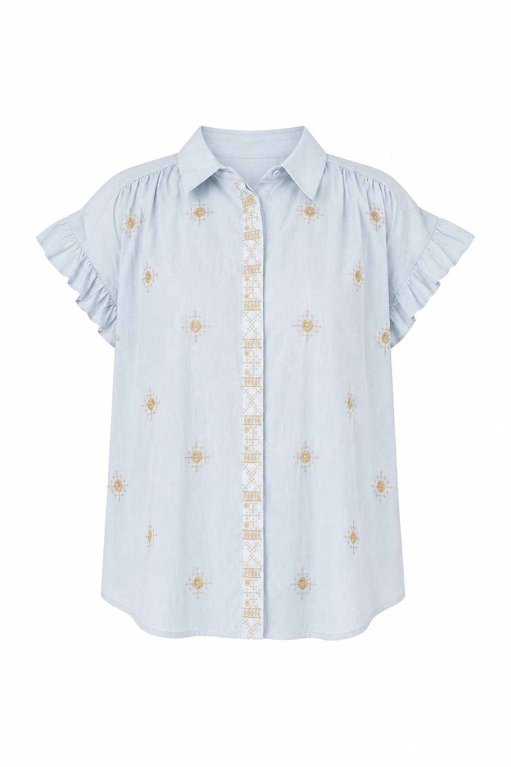 Camicia donna ricamata in cotone con maniche ruches e vestibilità morbida. immagine gost