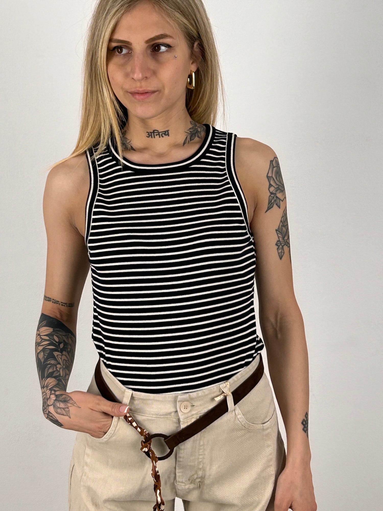 Canotta righe donna cotone blu vista frontale
