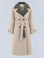 Cappotto donna panna doppiopetto con cintura e inserto a quadri removibile - vista frontale ghost