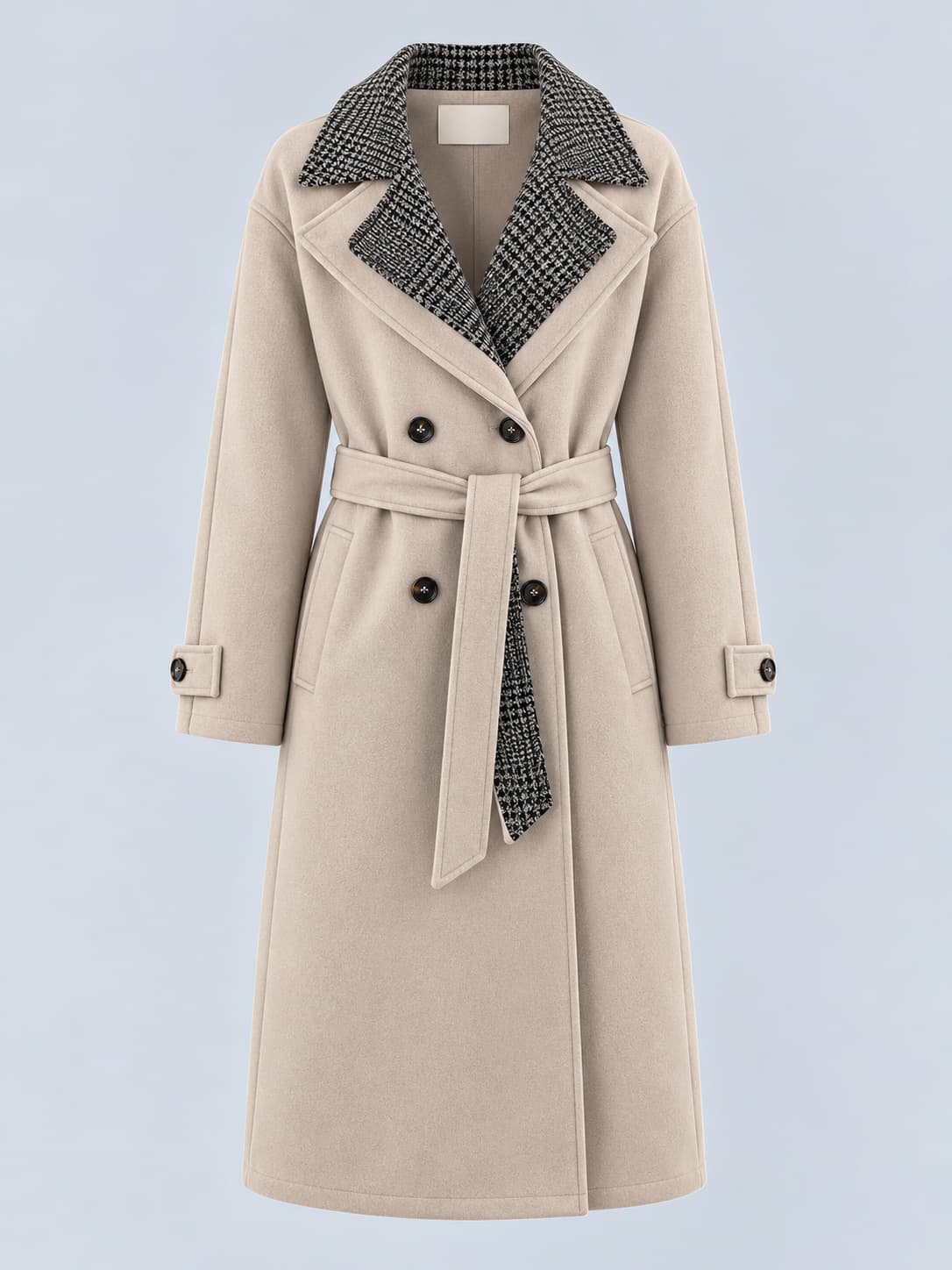 Cappotto donna panna doppiopetto con cintura e inserto a quadri removibile - vista frontale ghost