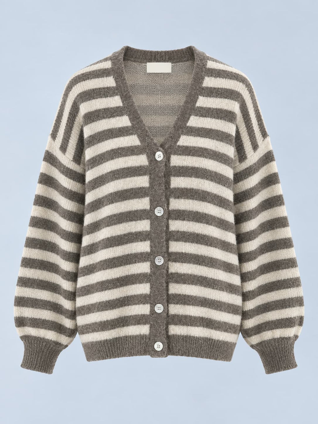 Cardigan donna a righe con alpaca e lana, scollo a V e bottoni tortora - vista gost