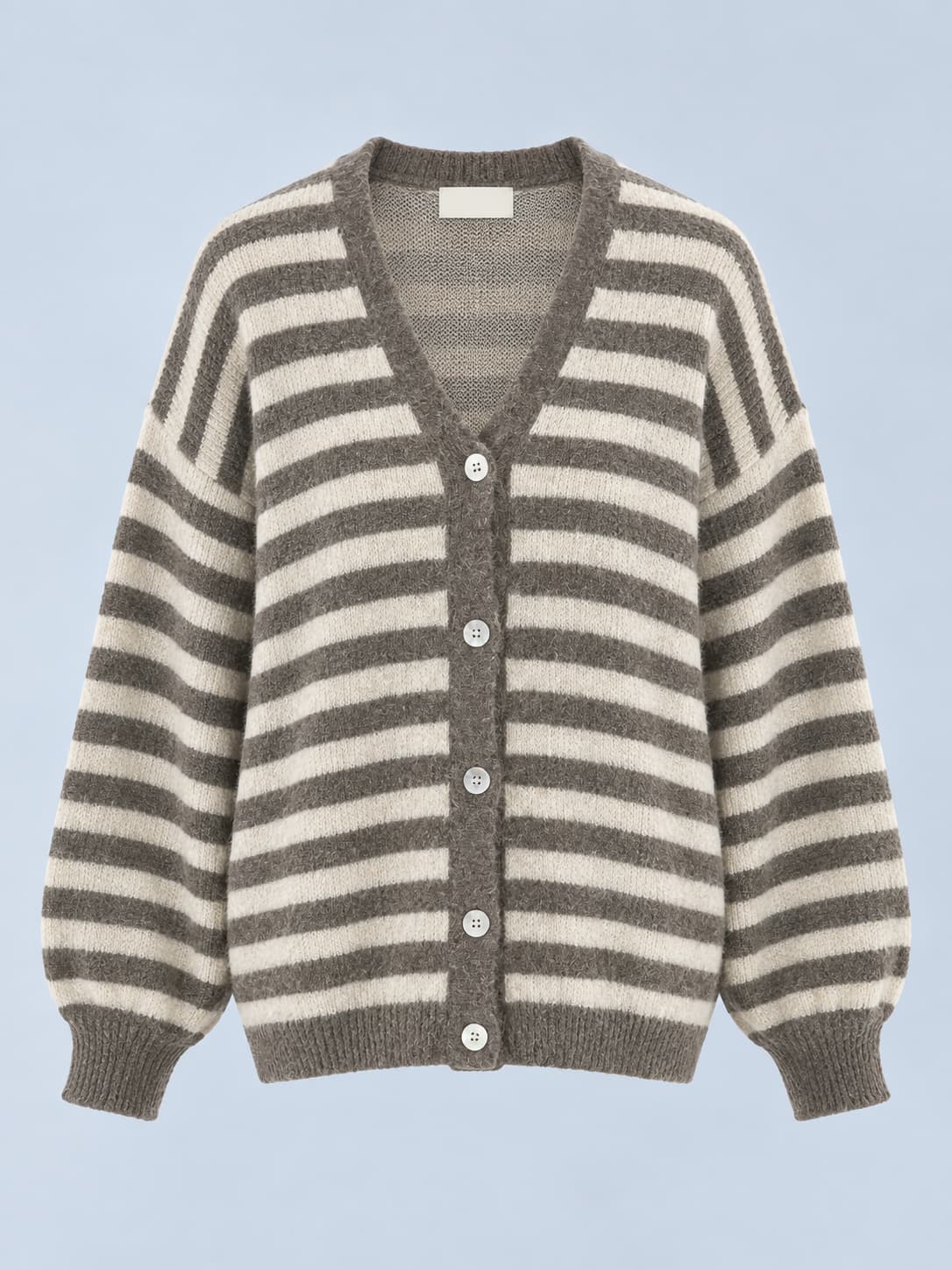 Cardigan donna a righe con alpaca e lana, scollo a V e bottoni tortora - vista gost