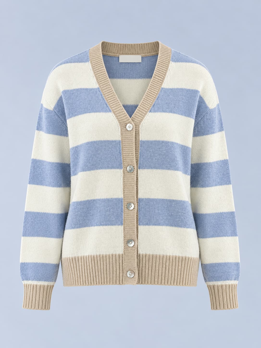 Cardigan donna a righe con scollo a V e bottoni frontali azzurro - vista gost