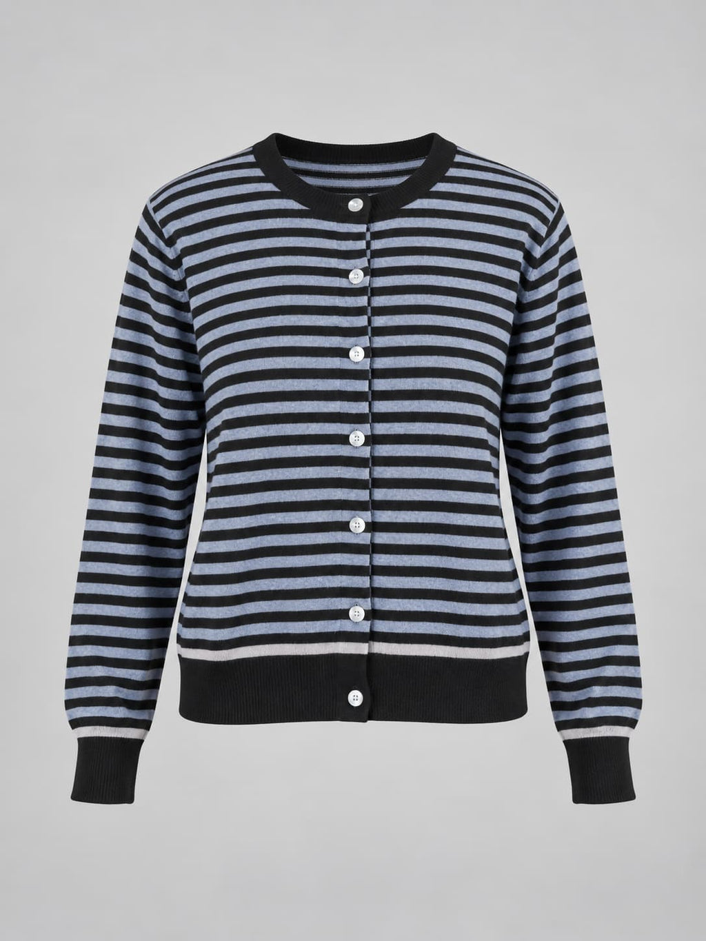 Cardigan donna girocollo a righe con bottoni e bordi a contrasto azzurro - vista gost