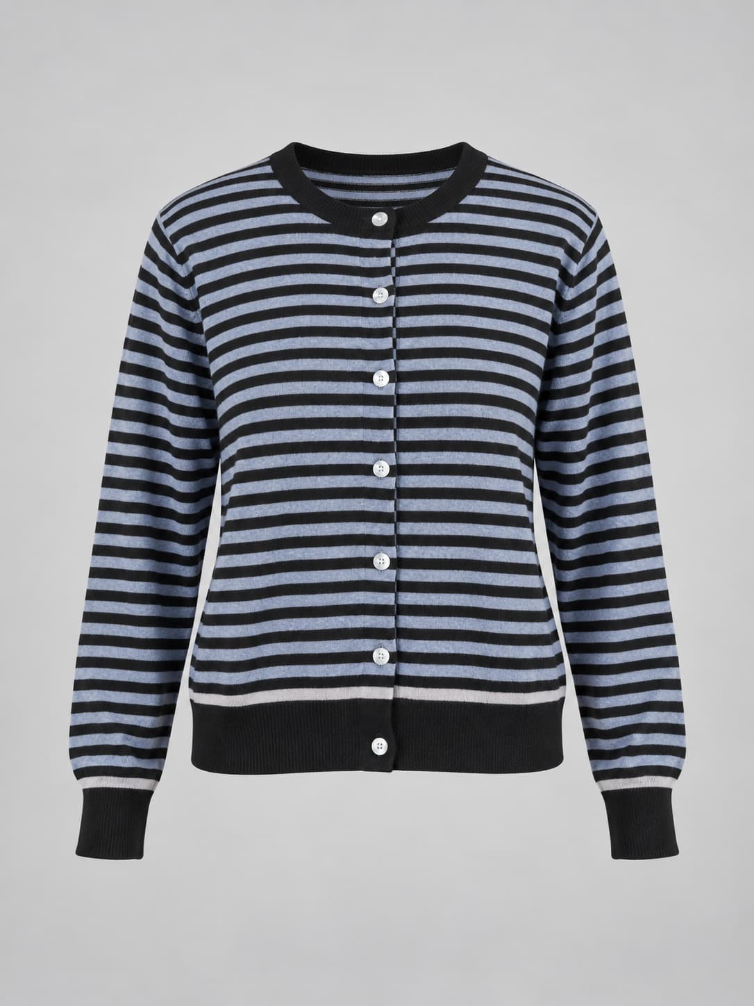 Cardigan donna girocollo a righe con bottoni e bordi a contrasto azzurro - vista gost