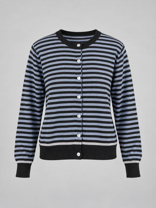 Cardigan donna girocollo a righe con bottoni e bordi a contrasto azzurro - vista gost
