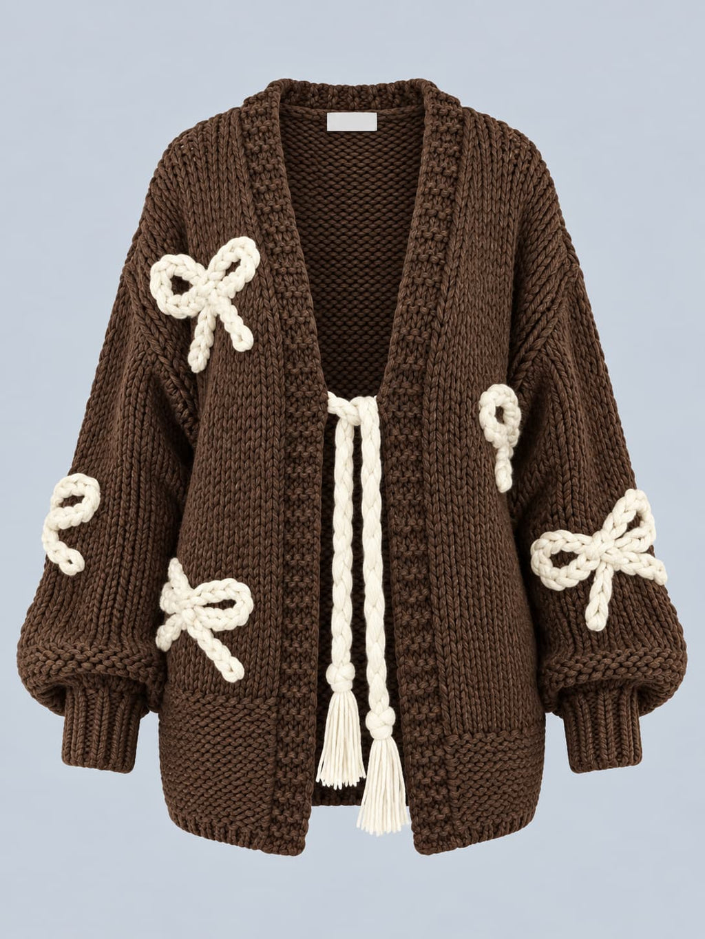 Cardigan donna in maglia con fiocchi applicati e chiusura con laccio marrone - vista frontale gost