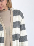 Cardigan donna lungo a righe aperto sul davanti con tasche applicate grigio - vista dettaglio