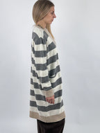 Cardigan donna lungo a righe aperto sul davanti con tasche applicate grigio - vista larerale