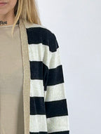 Cardigan donna lungo a righe aperto sul davanti con tasche applicate blu - vista dettaglio