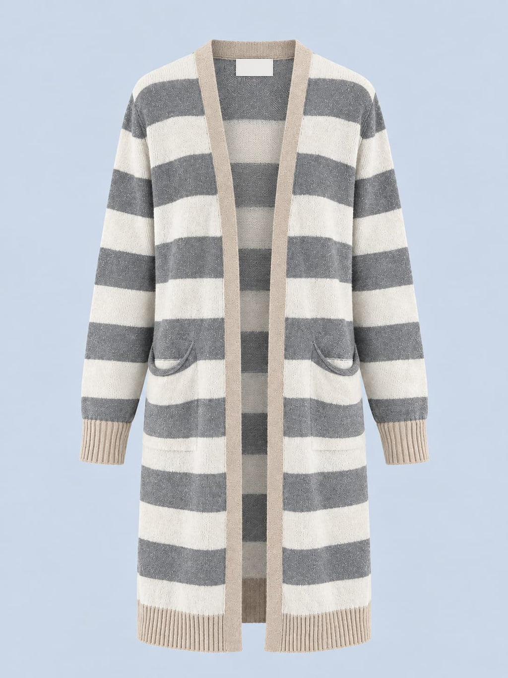 Cardigan donna lungo a righe aperto sul davanti con tasche applicate grigio - vista frontale gost