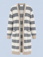 Cardigan donna lungo a righe aperto sul davanti con tasche applicate grigio - vista frontale gost
