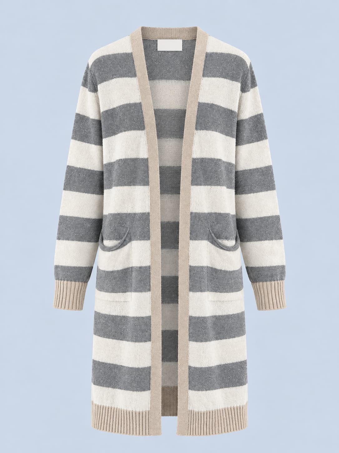 Cardigan donna lungo a righe aperto sul davanti con tasche applicate grigio - vista frontale gost