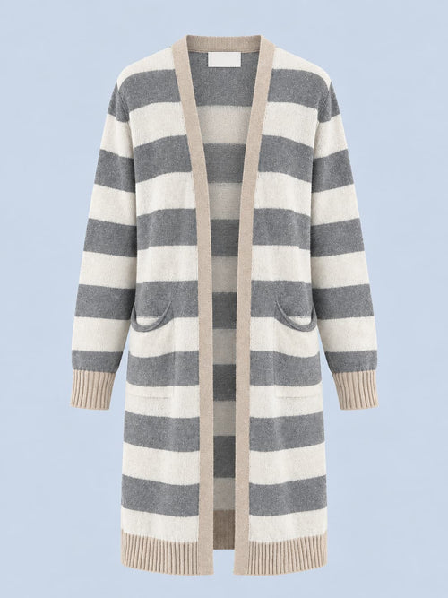Cardigan donna lungo a righe aperto sul davanti con tasche applicate grigio - vista frontale gost