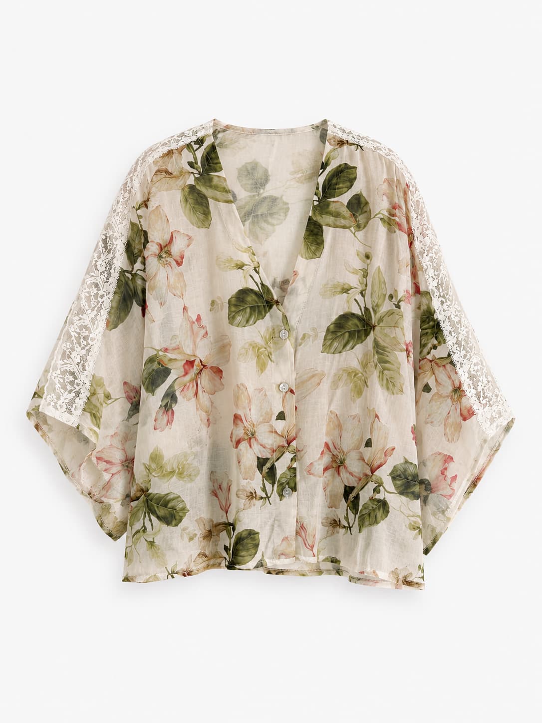 Casacca donna over in cotone fantasia floreale con dettagli in pizzo e vestibilità ampia - immagine gost