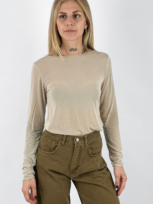 Maglia donna girocollo sottile a manica lunga con cashmere panna - vista frontale