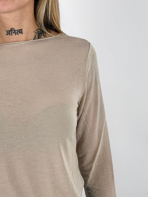 Maglia donna girocollo sottile a manica lunga con cashmere panna - vista dettaglio