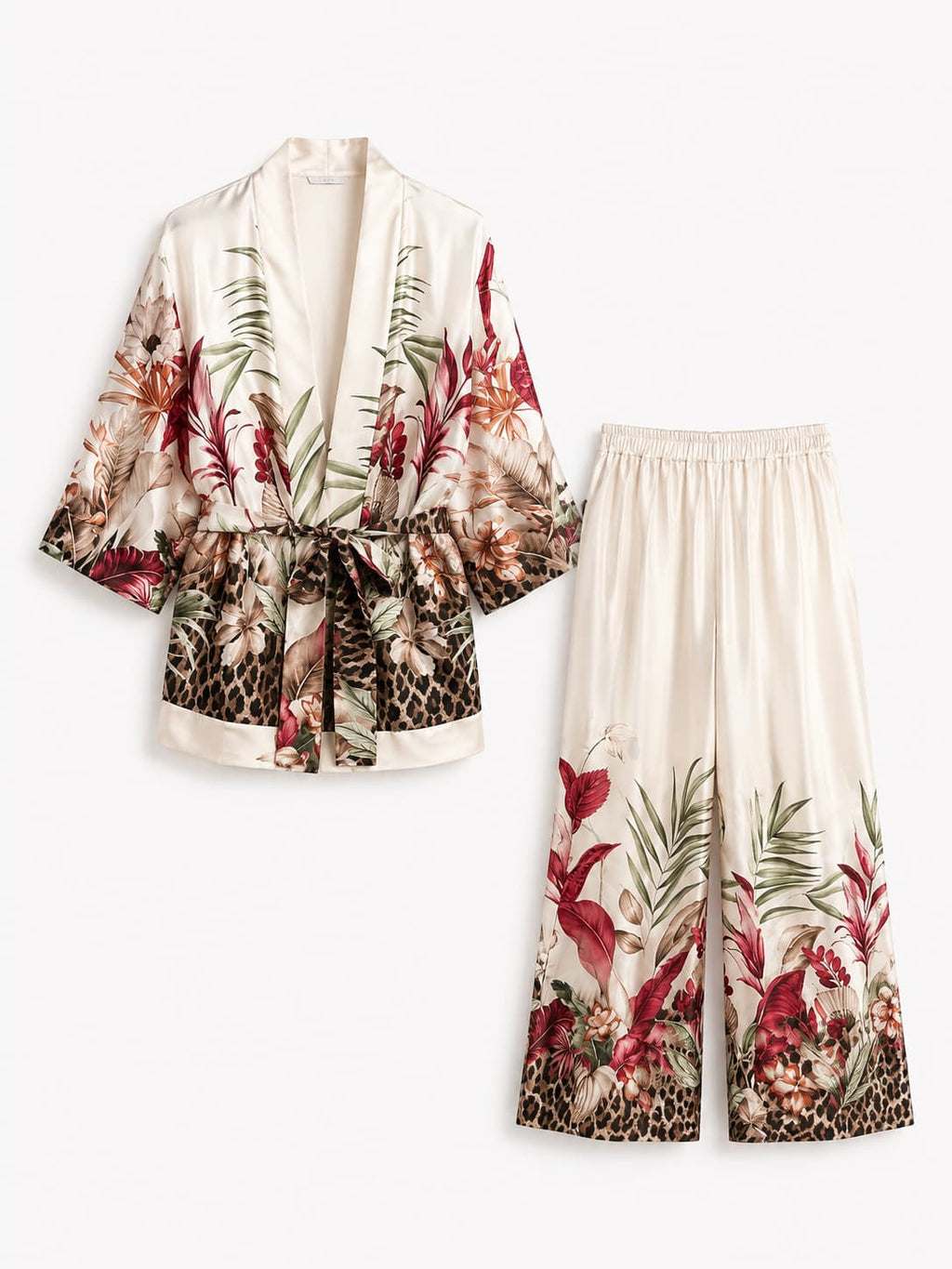 Completo Kimono Flower bianco da donna con fantasia floreale e pantalone ampio - immagine gost