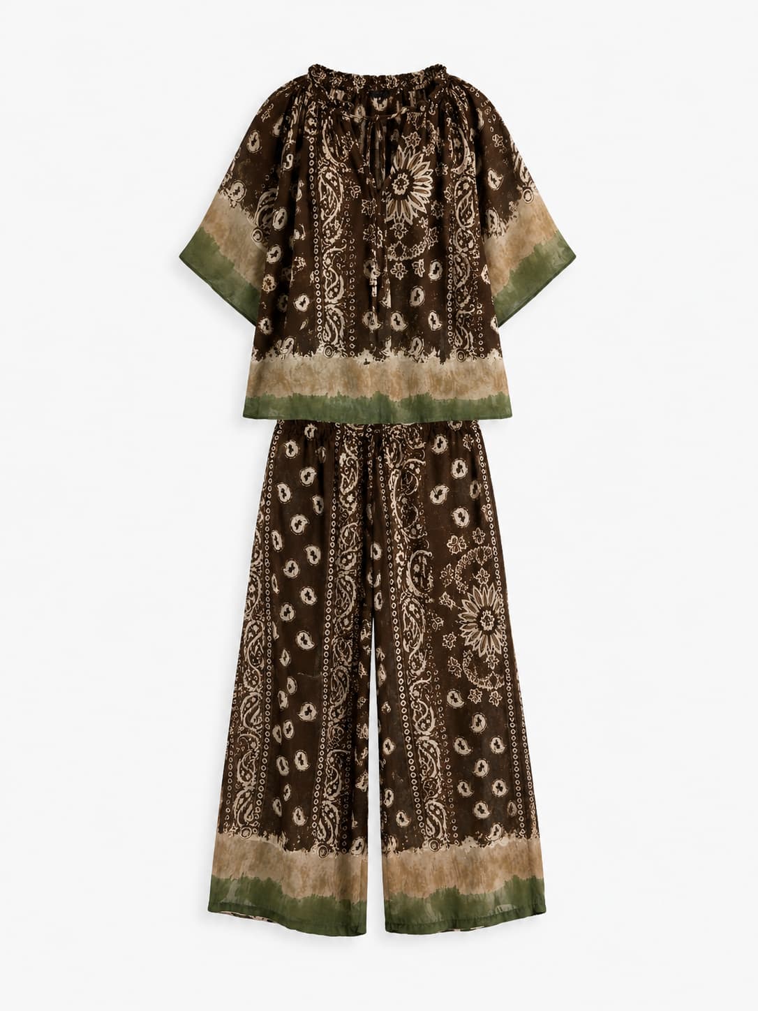 Completo donna in cotone con casacca morbida e pantalone ampio a fantasia - immagine gost