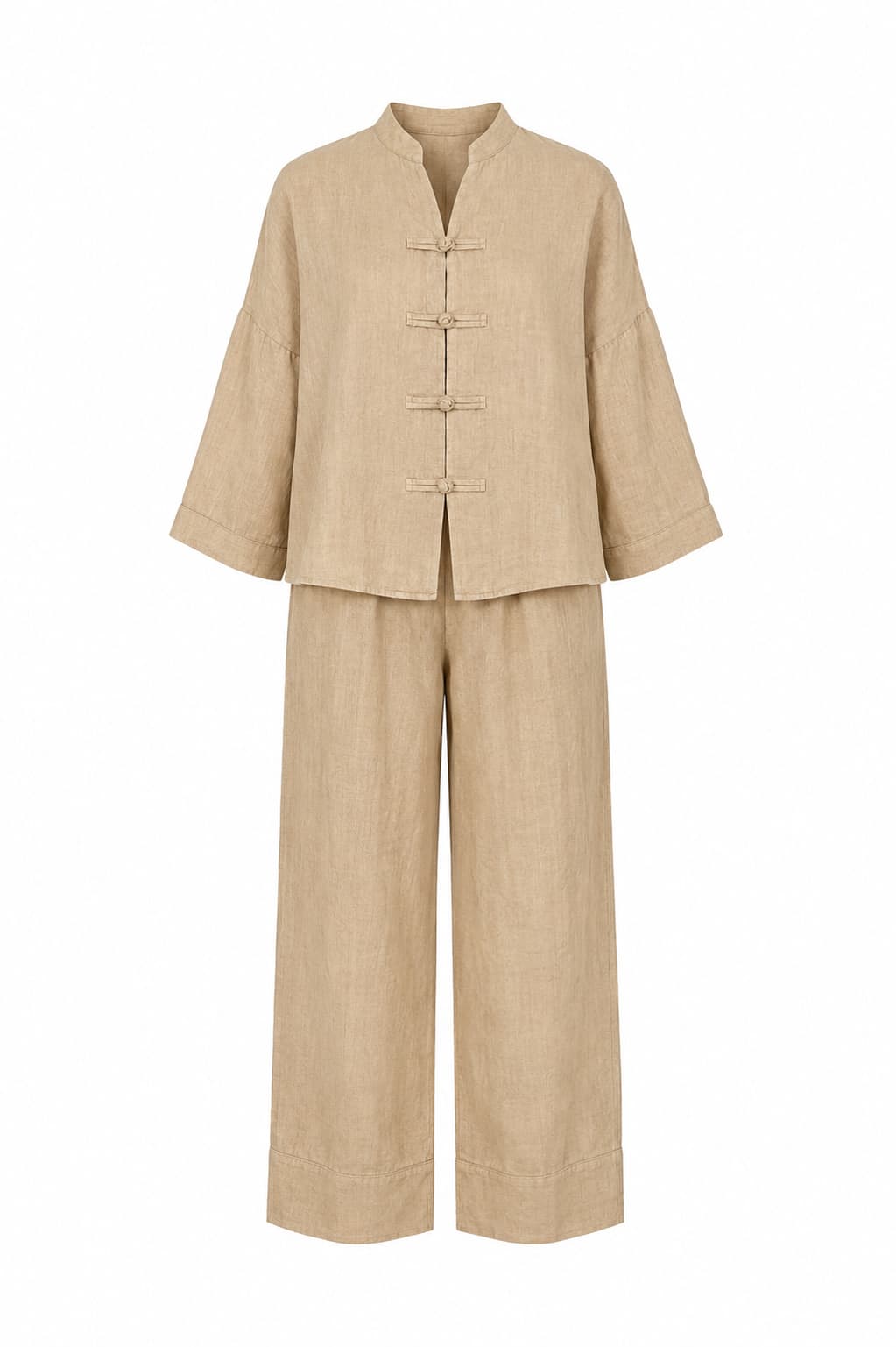 Completo donna in lino beige con pantalone ampio e casacca morbida. immagine gost