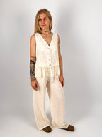 Completo donna in lino con gilet senza maniche e pantalone lungo coordinato - vista frontale