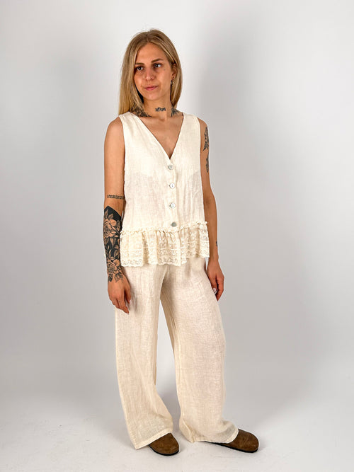 Completo donna in lino con gilet senza maniche e pantalone lungo coordinato - vista frontale