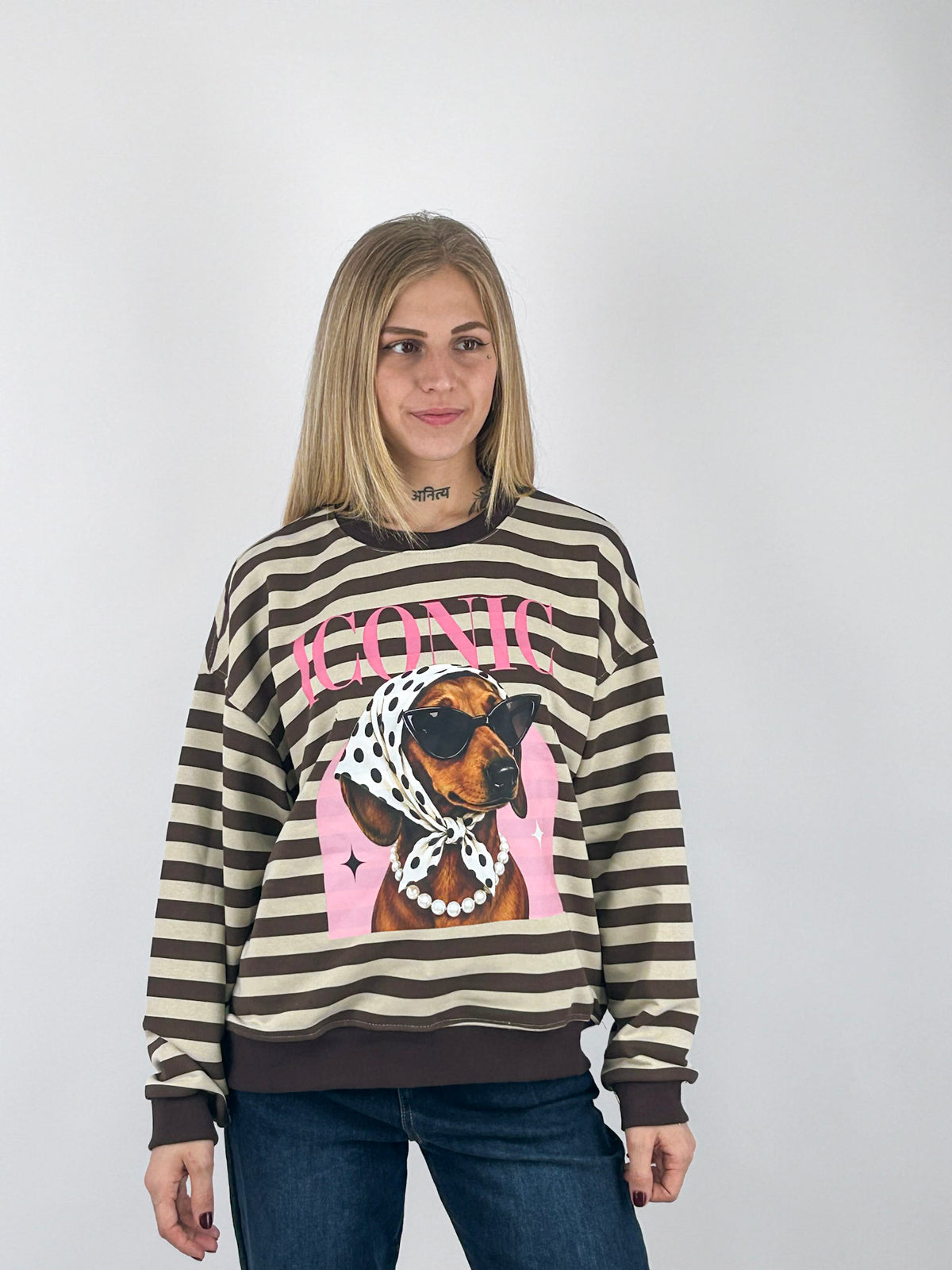 Felpa Iconic donna a righe con stampa bassotto Marrone - vista frontale