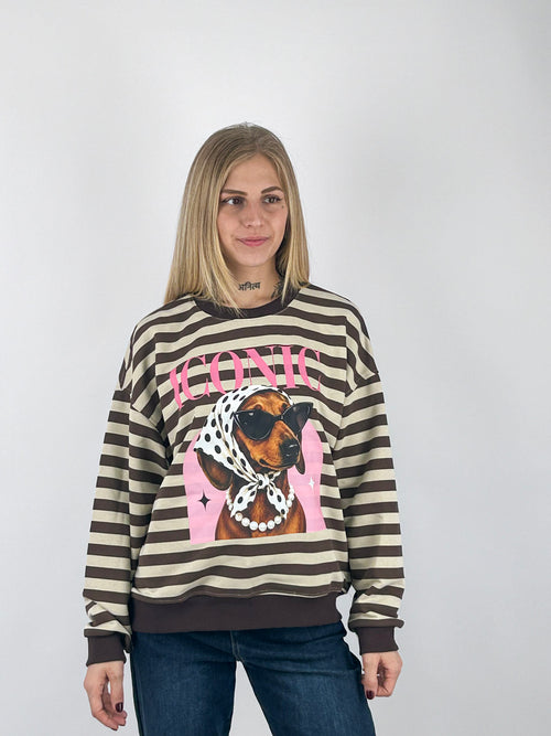 Felpa Iconic donna a righe con stampa bassotto Marrone - vista frontale
