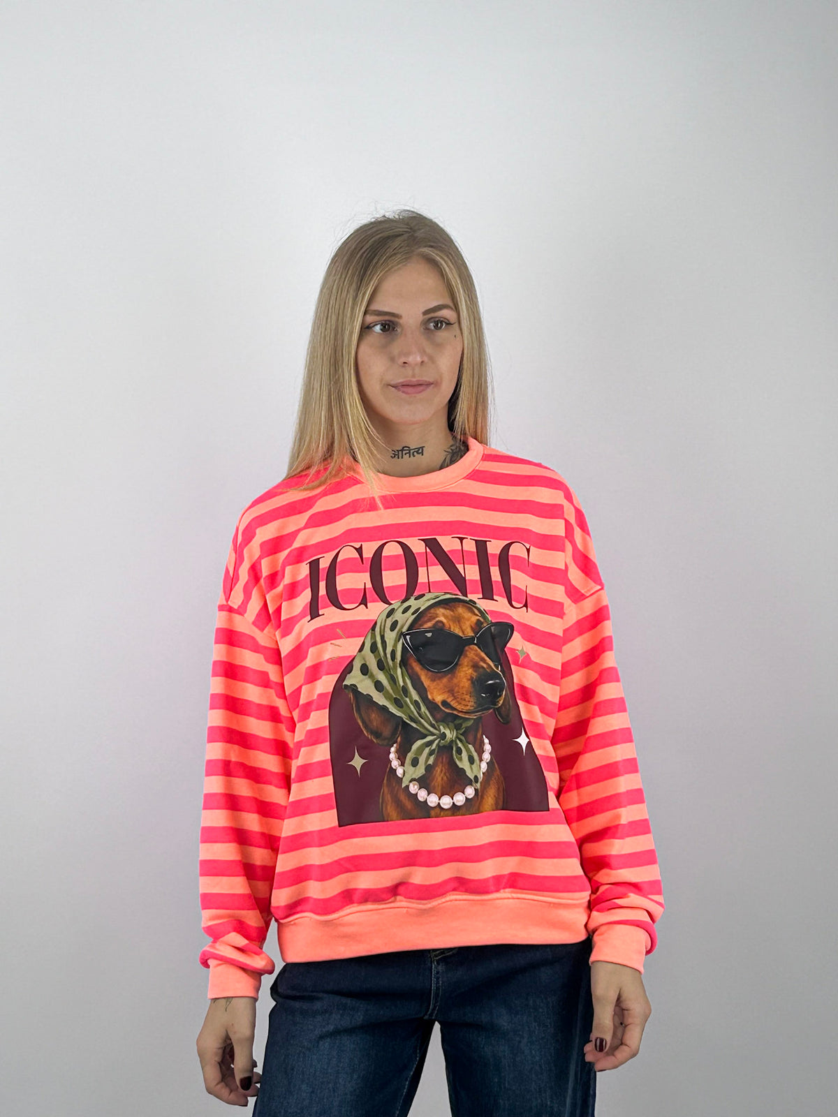 Felpa Iconic donna a righe con stampa bassotto arancio - vista frontale