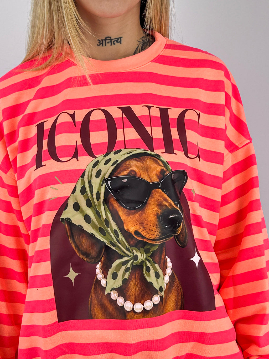 Felpa Iconic donna a righe con stampa bassotto arancio - vista dettaglio