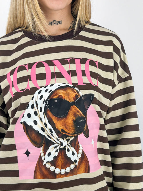 Felpa Iconic donna a righe con stampa bassotto Marrone - vista dettaglio